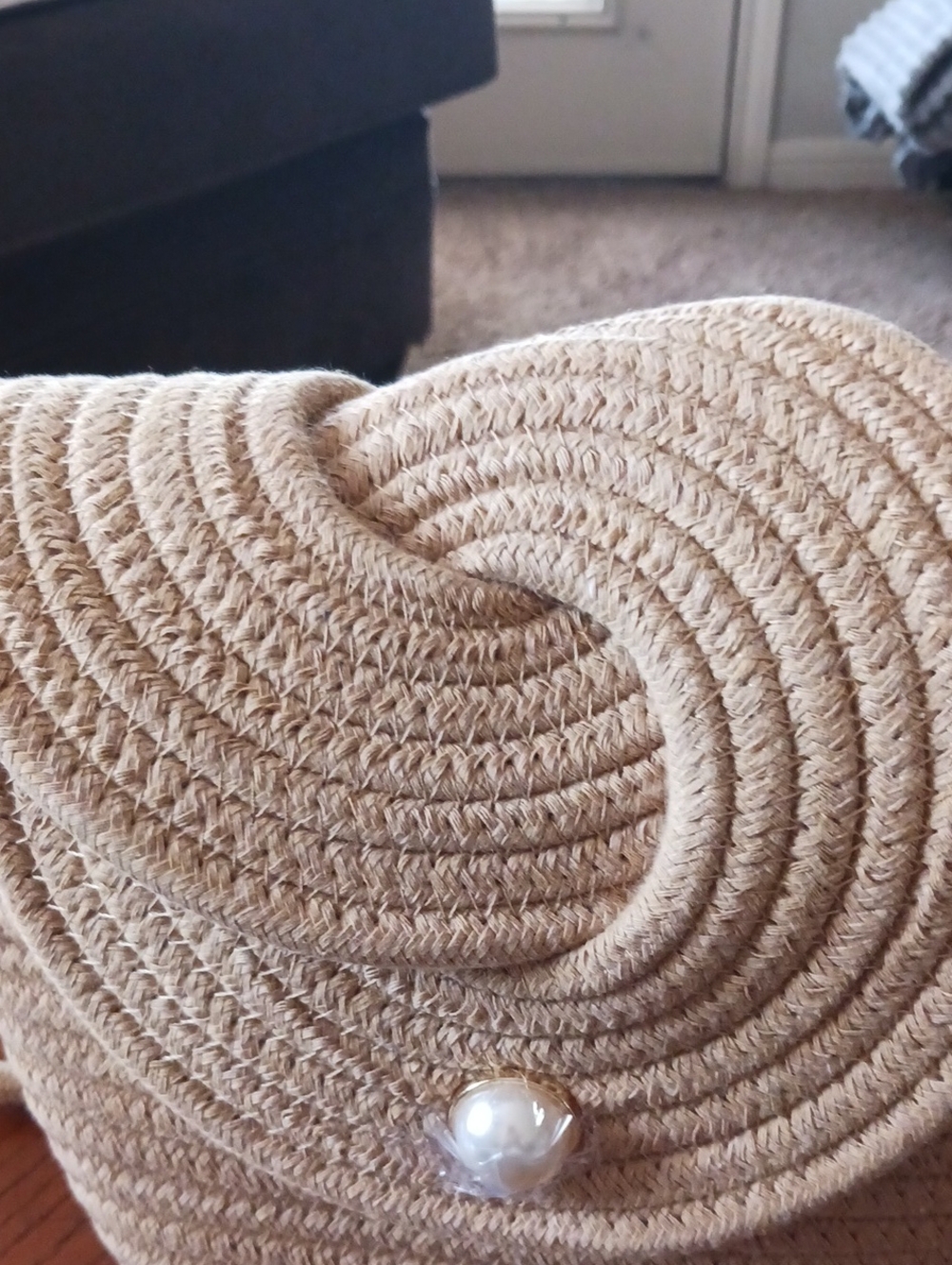 Beige Woven Crossbody Bag with Pearl Accent - Picture 2 of 7